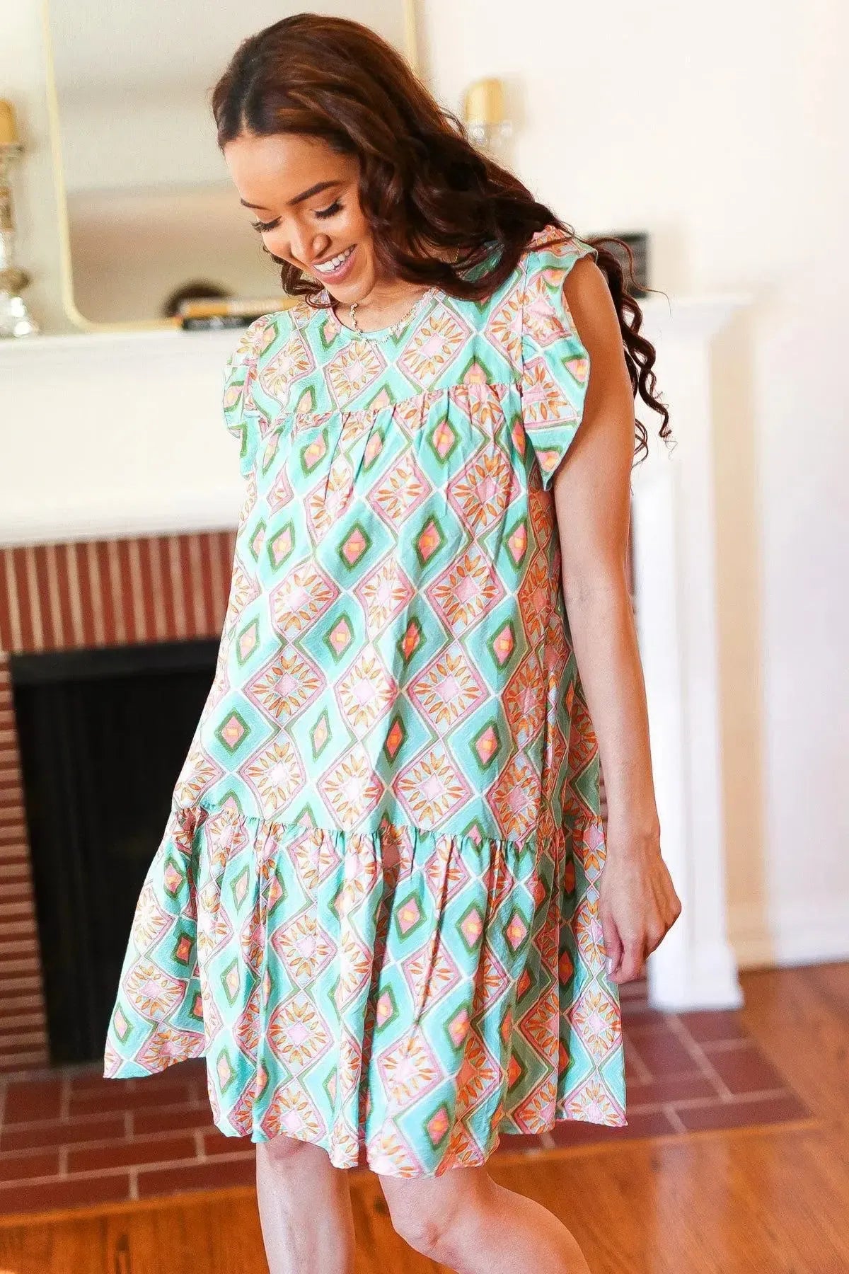 Mint Geo Boho Print Yoke Poplin Woven Dress-Evelyns Fashion