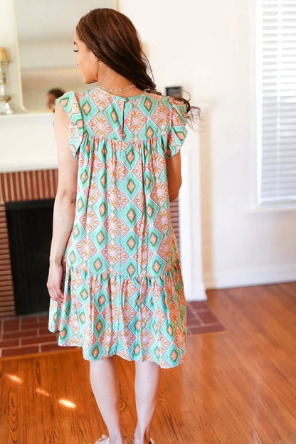 Mint Geo Boho Print Yoke Poplin Woven Dress-Evelyns Fashion