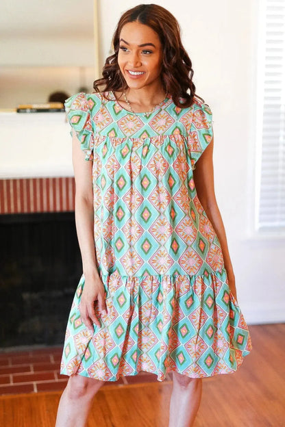 Mint Geo Boho Print Yoke Poplin Woven Dress-Evelyns Fashion