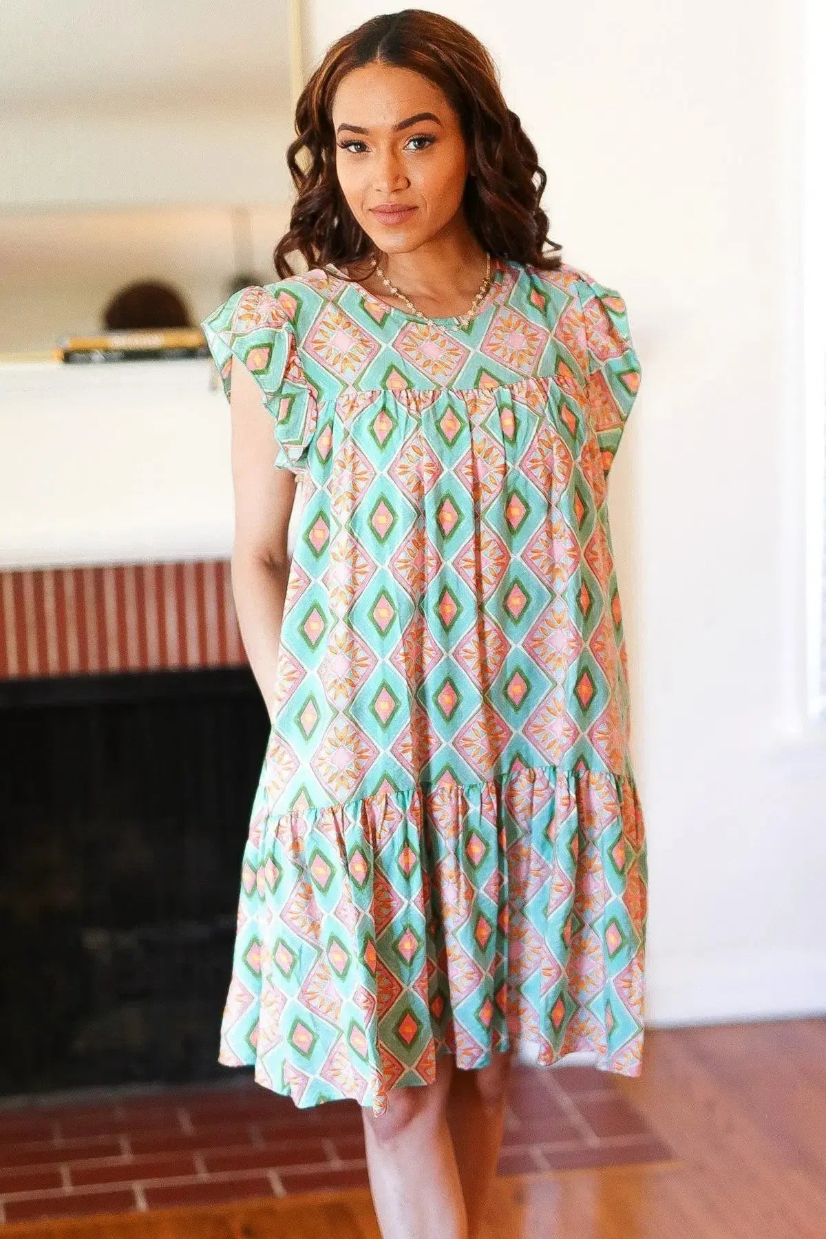 Mint Geo Boho Print Yoke Poplin Woven Dress-Evelyns Fashion