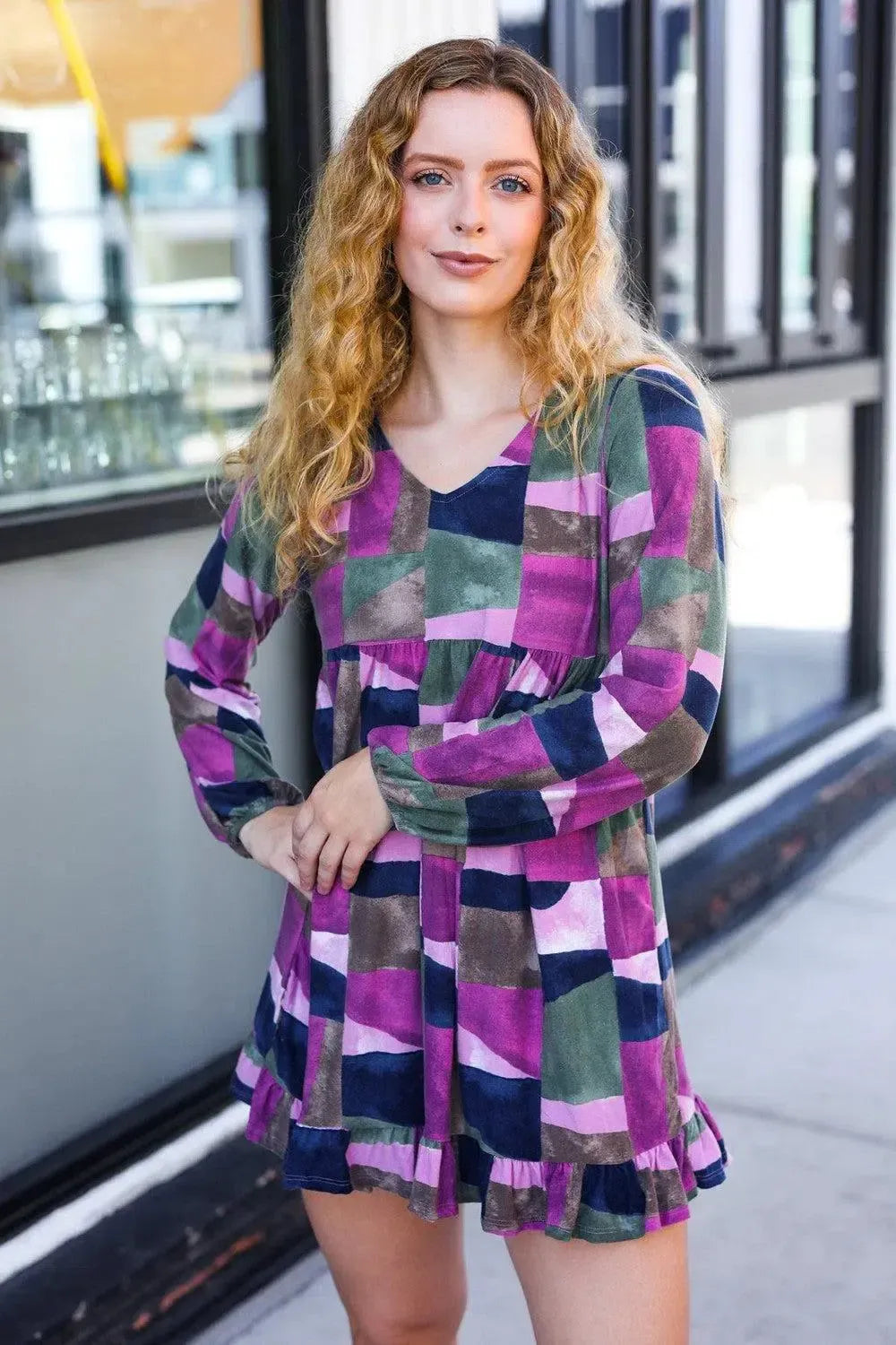 Modern Elegance: Lavender Geo Print Dress-Evelyns Fashion