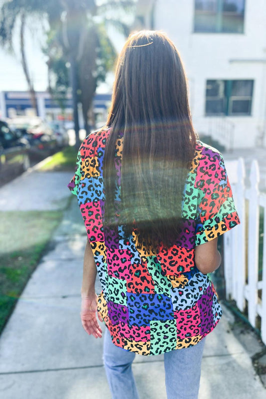 Multicolor Animal Patchwork Top-Blouses-Evelyns Fashion