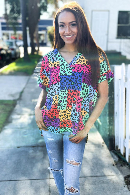 Multicolor Animal Patchwork Top-Blouses-Evelyns Fashion
