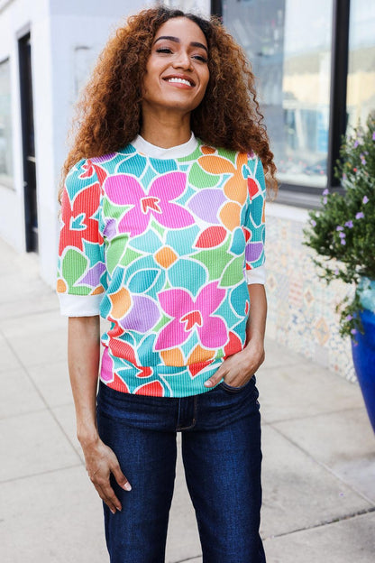 Multicolor Floral Rib Top-Blouses-Evelyns Fashion