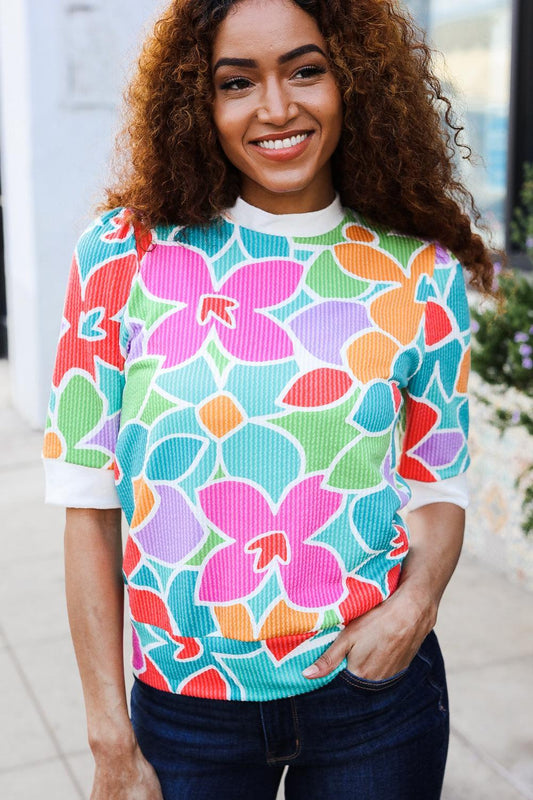 Multicolor Floral Rib Top-Blouses-Evelyns Fashion