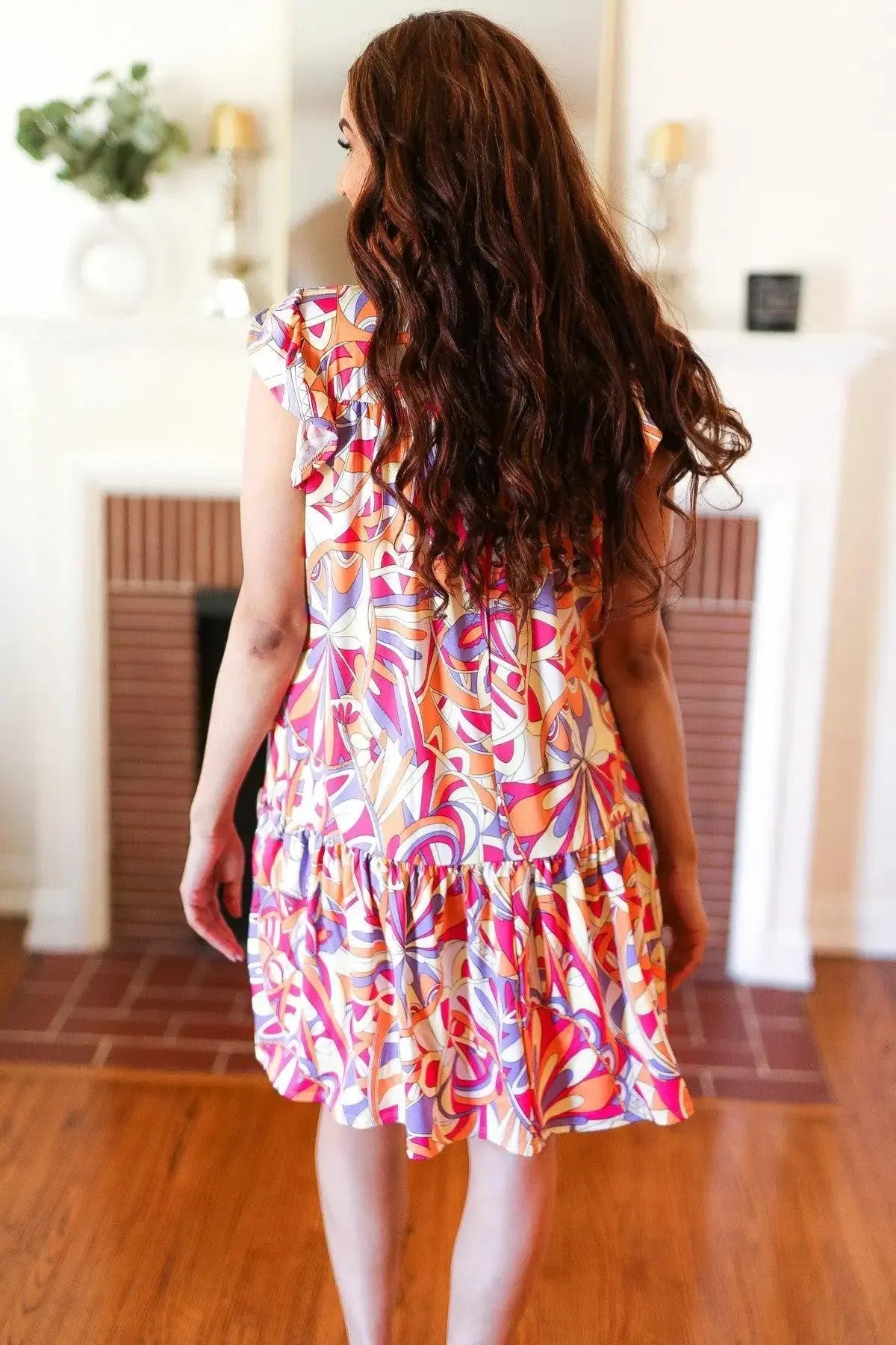 Multicolor Geometric Midi Flutter Sleeve Dress-Evelyns Fashion