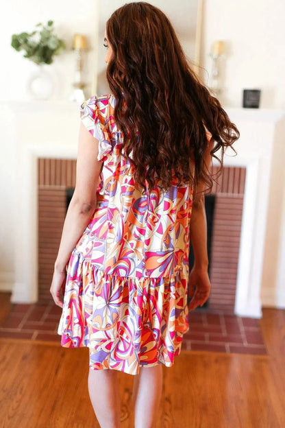 Multicolor Geometric Midi Flutter Sleeve Dress-Evelyns Fashion