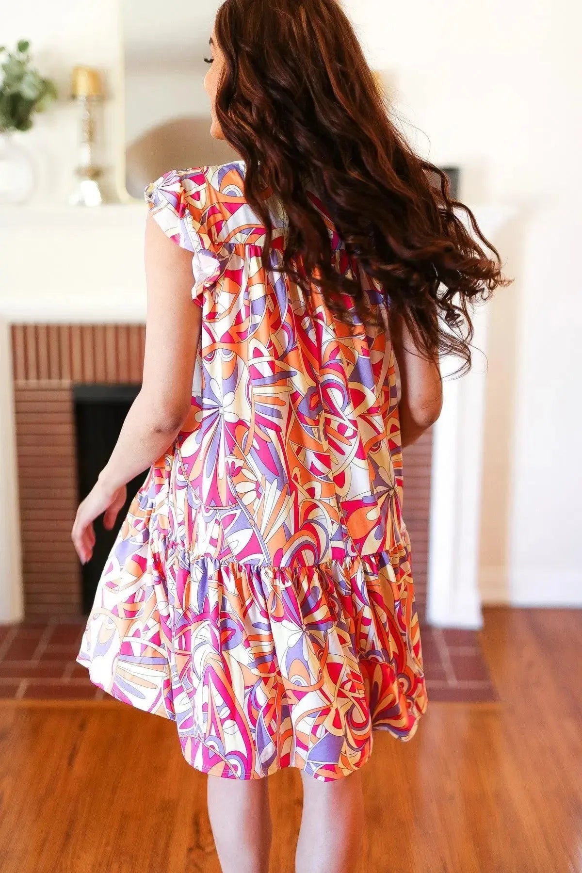 Multicolor Geometric Midi Flutter Sleeve Dress-Evelyns Fashion