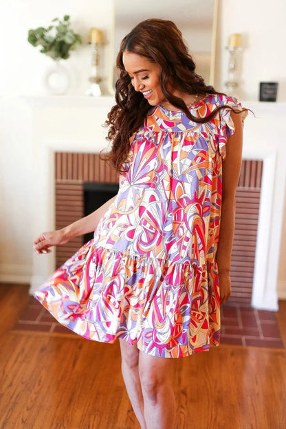 Multicolor Geometric Midi Flutter Sleeve Dress-Evelyns Fashion