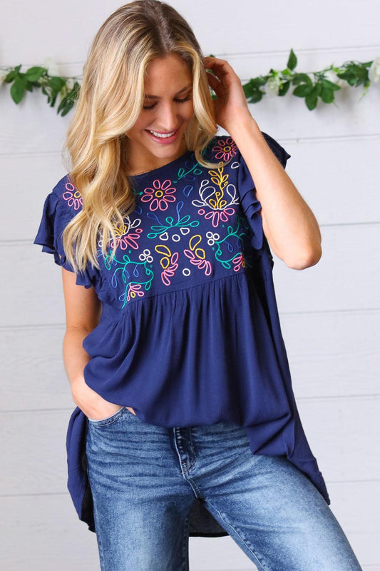 Navy Floral Embroidered Flutter Sleeve Top – Elegant & Boho Chic Style-Evelyns Fashion