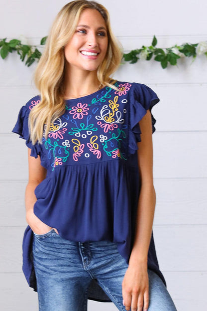 Navy Floral Embroidered Flutter Sleeve Top – Elegant & Boho Chic Style-Evelyns Fashion
