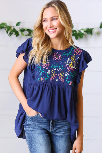 Navy Floral Embroidered Flutter Sleeve Top – Elegant & Boho Chic Style-Evelyns Fashion