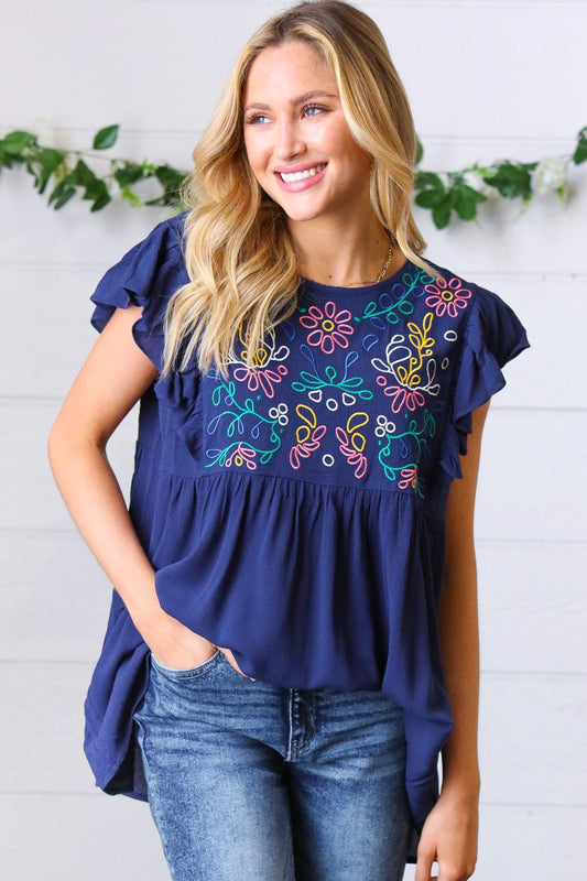 Navy Floral Embroidered Flutter Sleeve Top – Elegant & Boho Chic Style-Evelyns Fashion