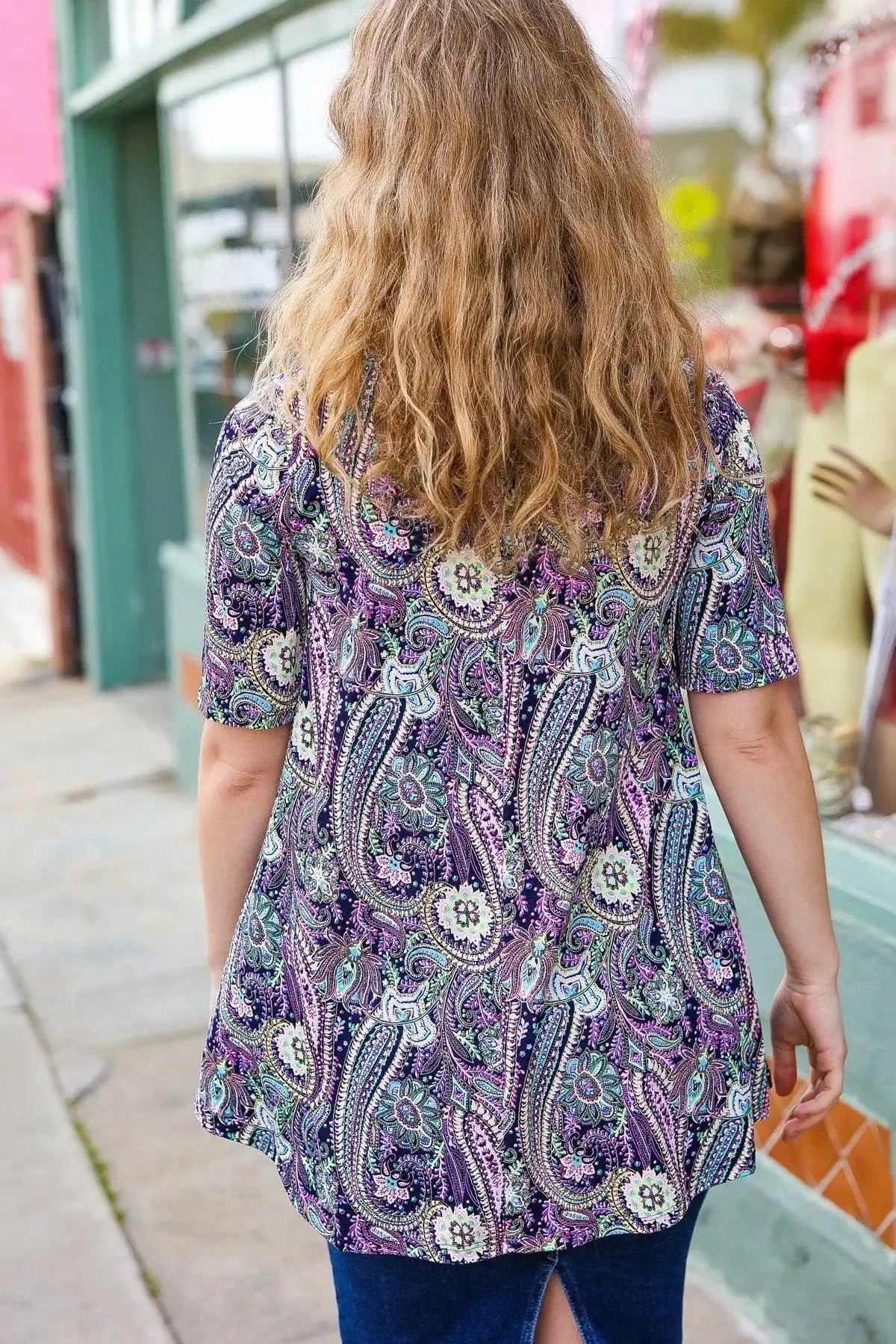 Navy Floral Paisley Front Keyhole Tunic Top-Evelyns Fashion
