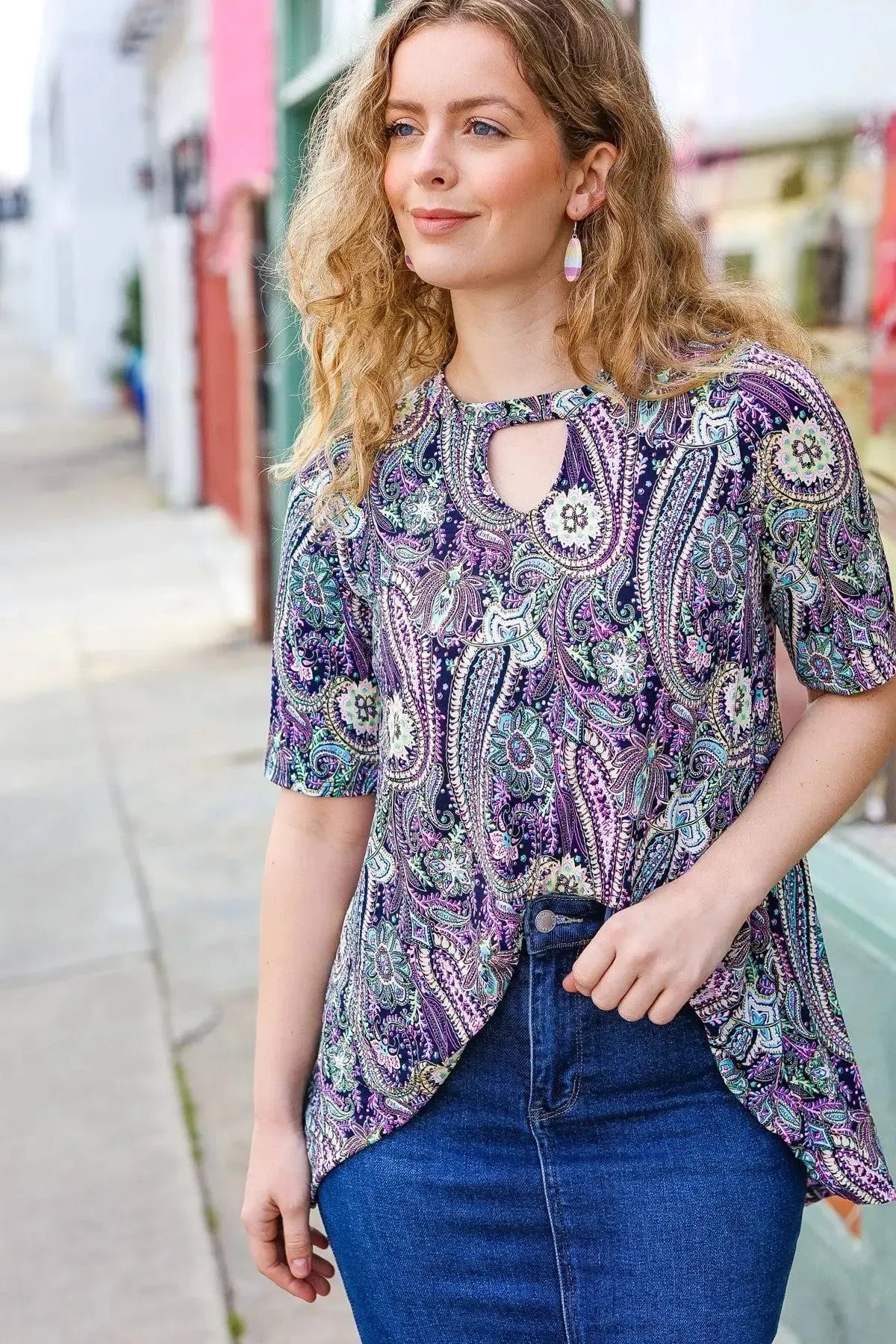 Navy Floral Paisley Front Keyhole Tunic Top-Evelyns Fashion