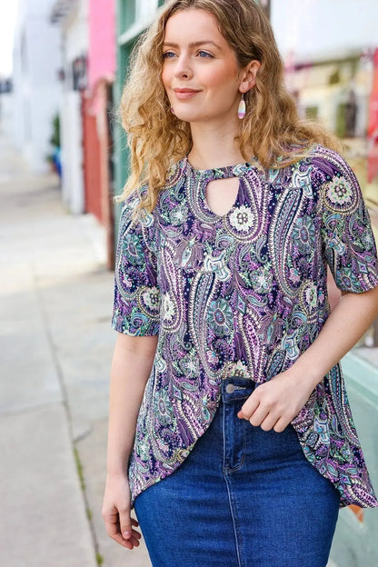 Navy Floral Paisley Front Keyhole Tunic Top-Evelyns Fashion