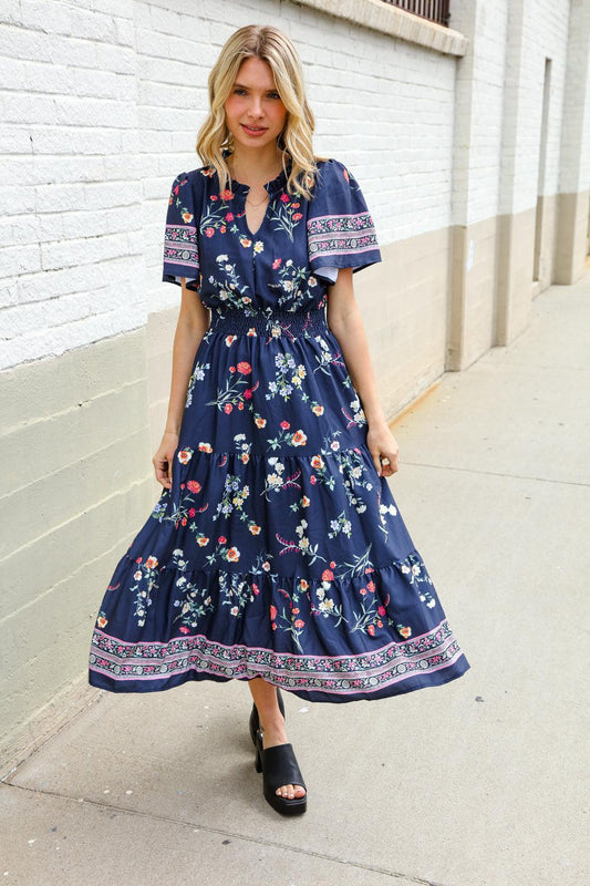 Navy Floral Print Maxi Dress-Evelyns Fashion