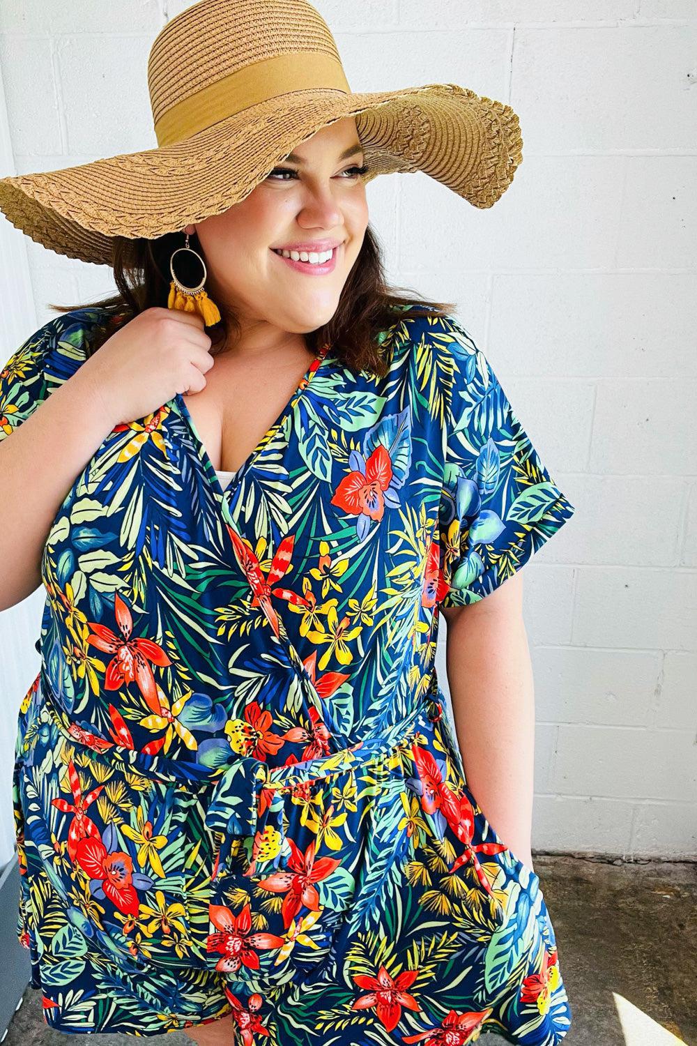 Navy Tropical Floral Surplice Romper-Evelyns Fashion