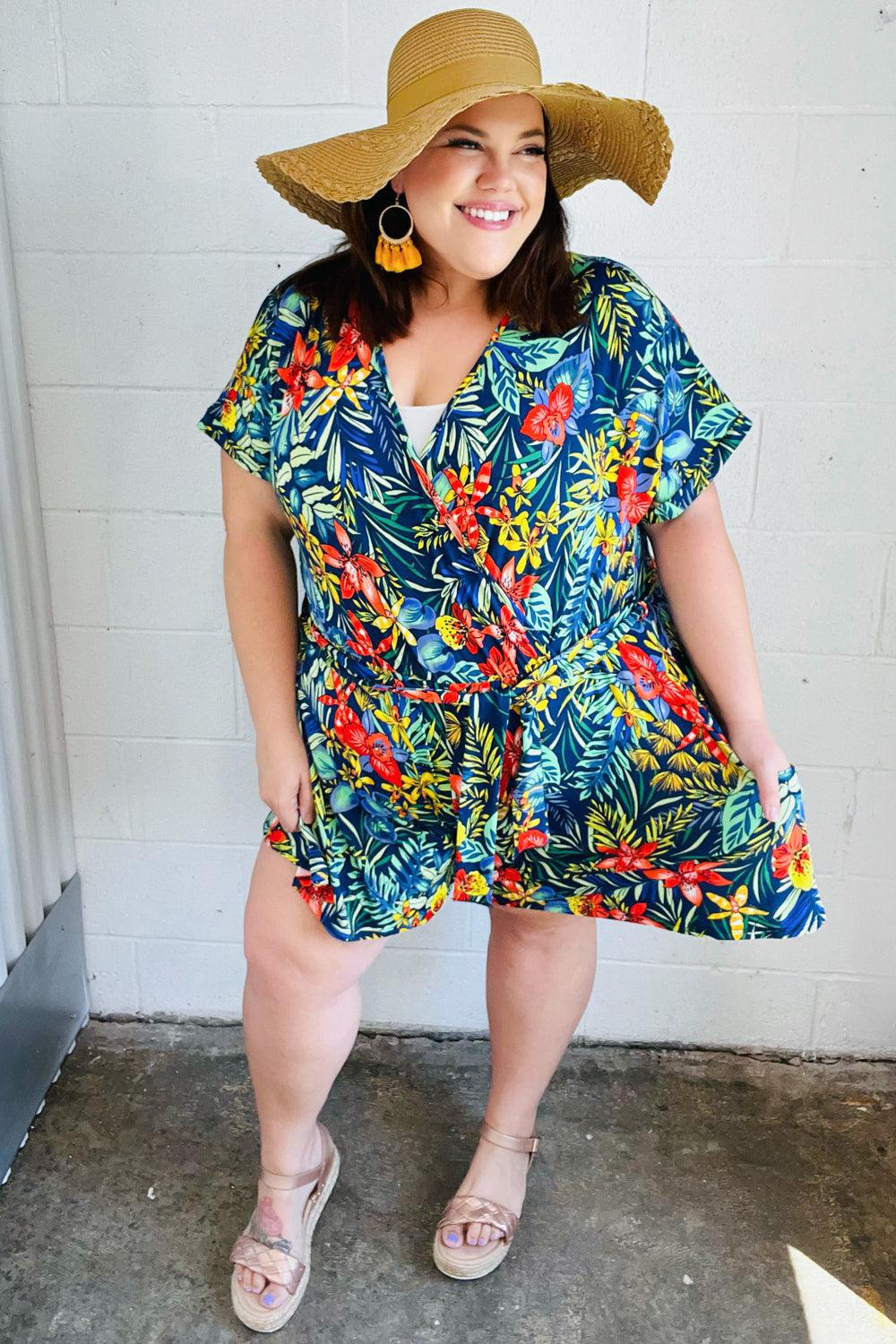 Navy Tropical Floral Surplice Romper-Evelyns Fashion