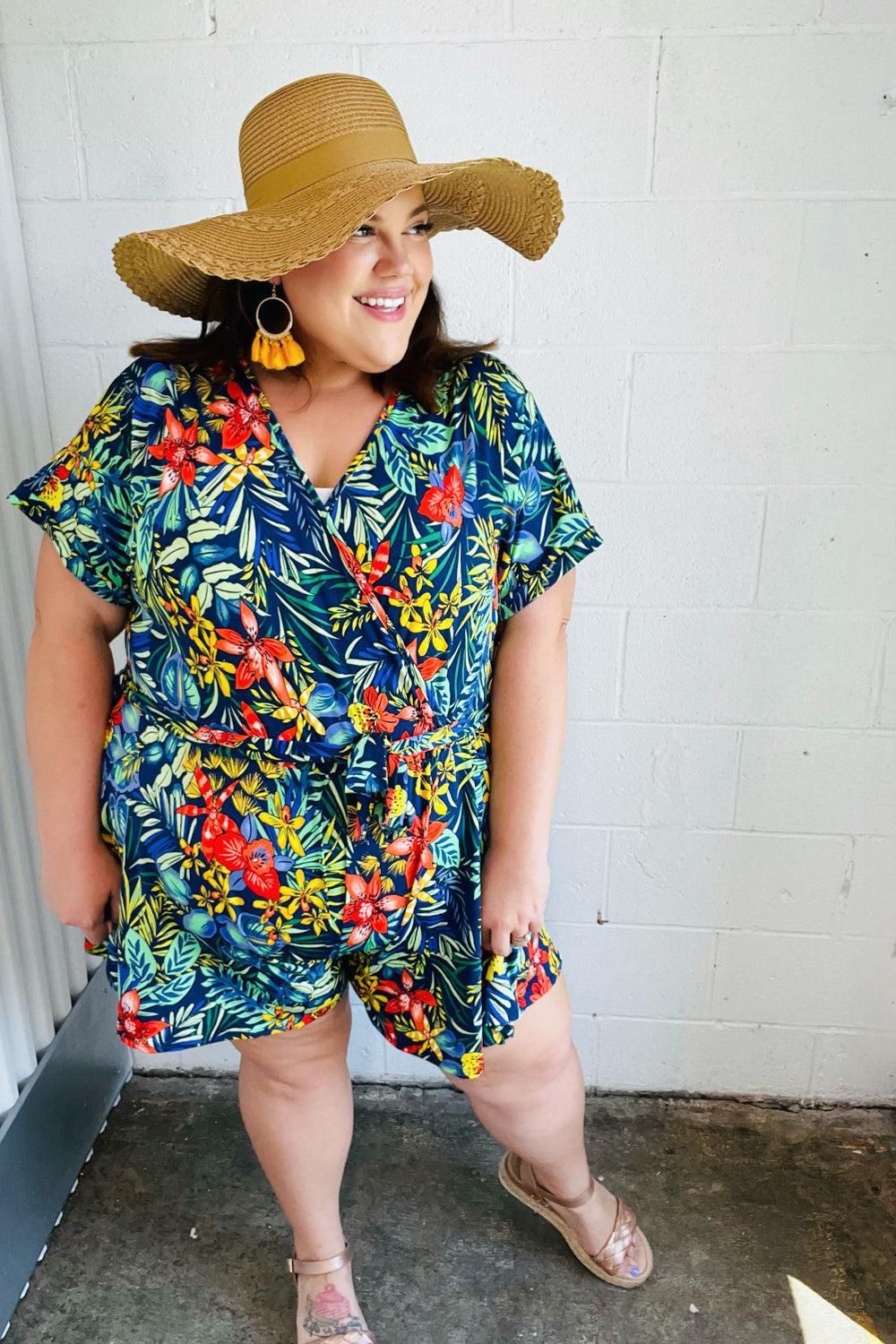 Navy Tropical Floral Surplice Romper-Evelyns Fashion