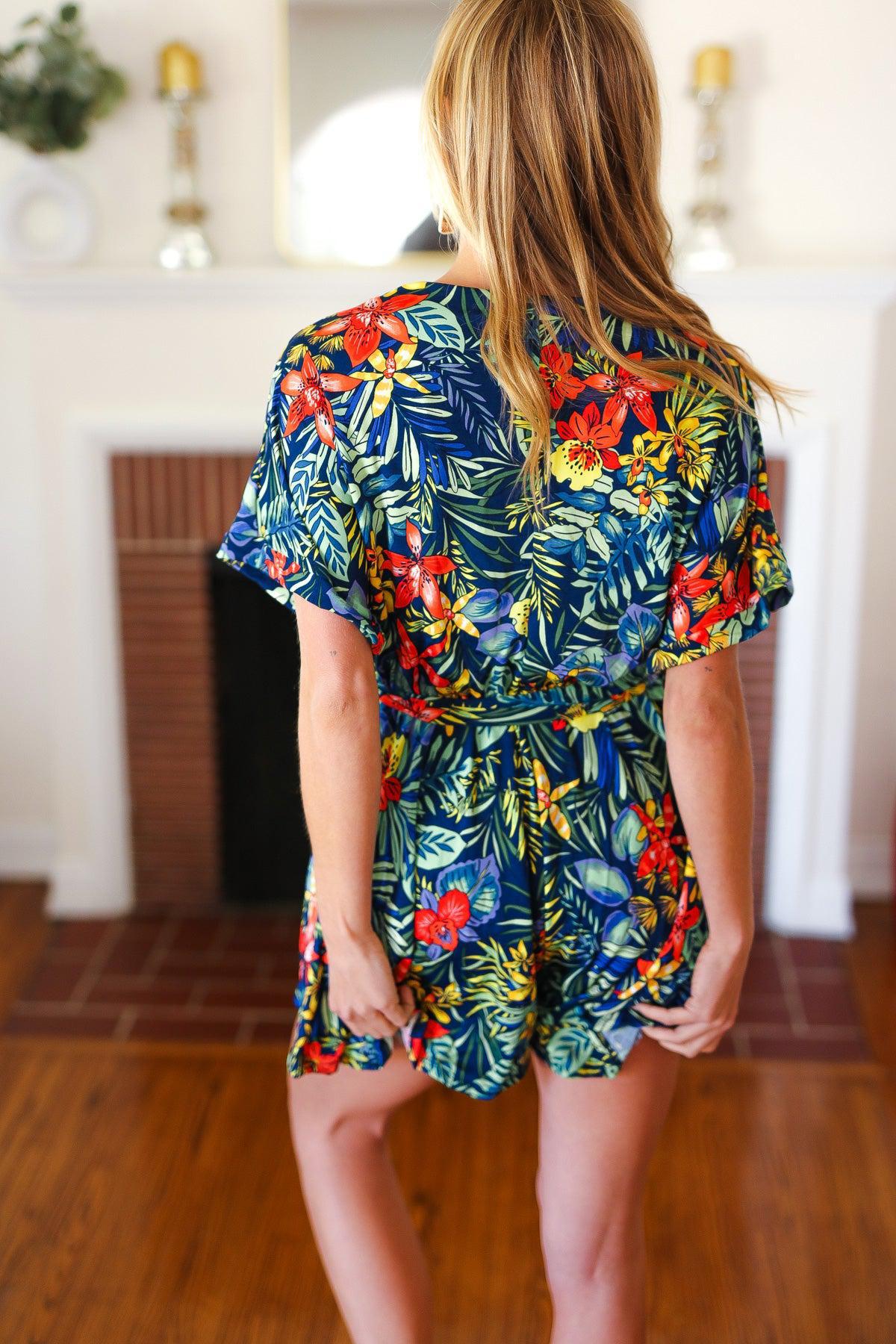 Navy Tropical Floral Surplice Romper-Evelyns Fashion