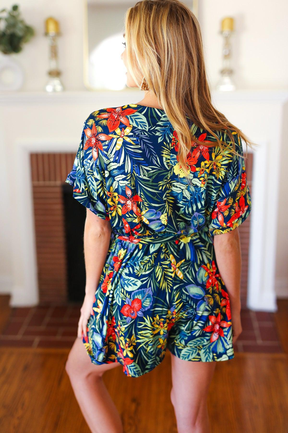 Navy Tropical Floral Surplice Romper-Evelyns Fashion
