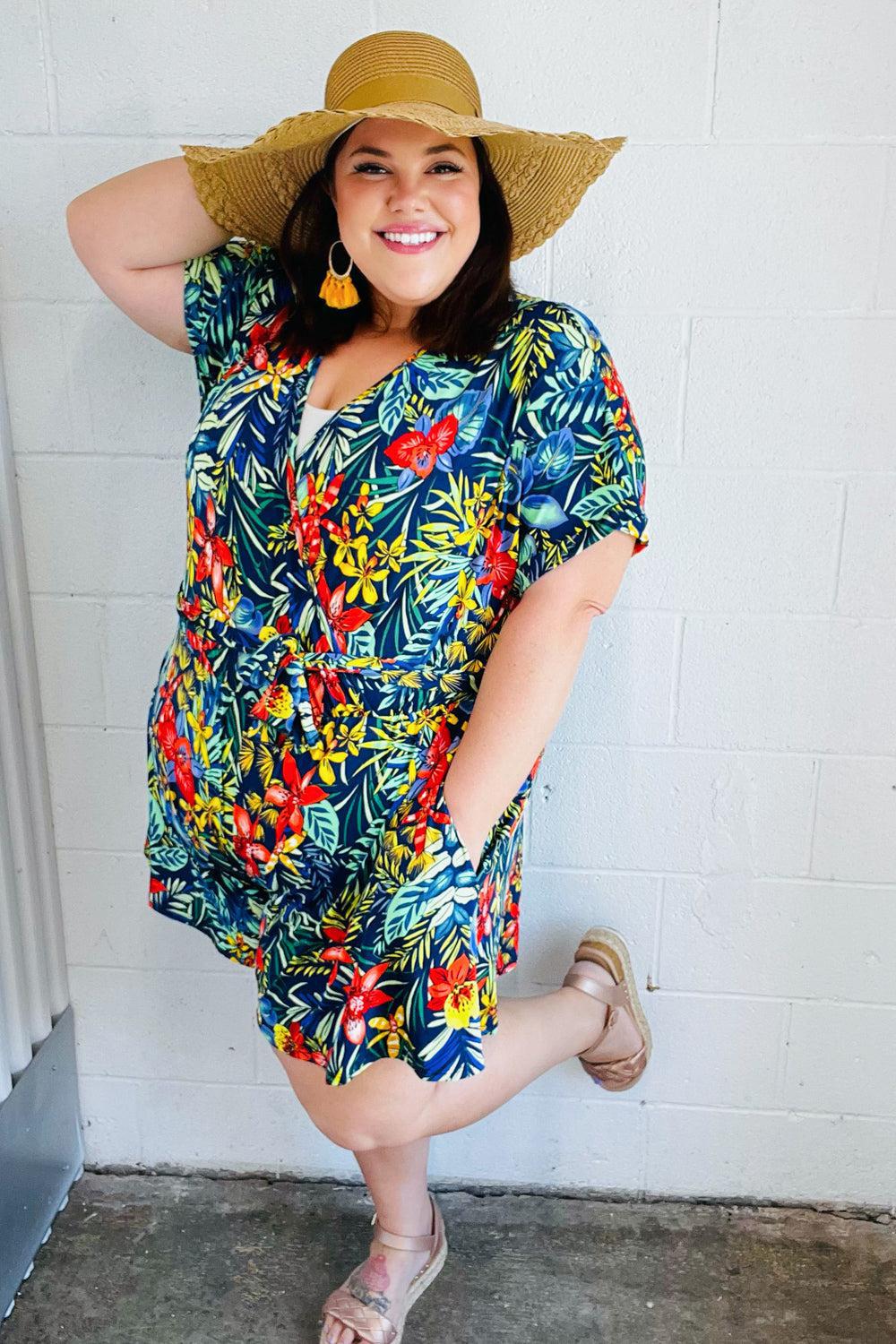 Navy Tropical Floral Surplice Romper-Evelyns Fashion