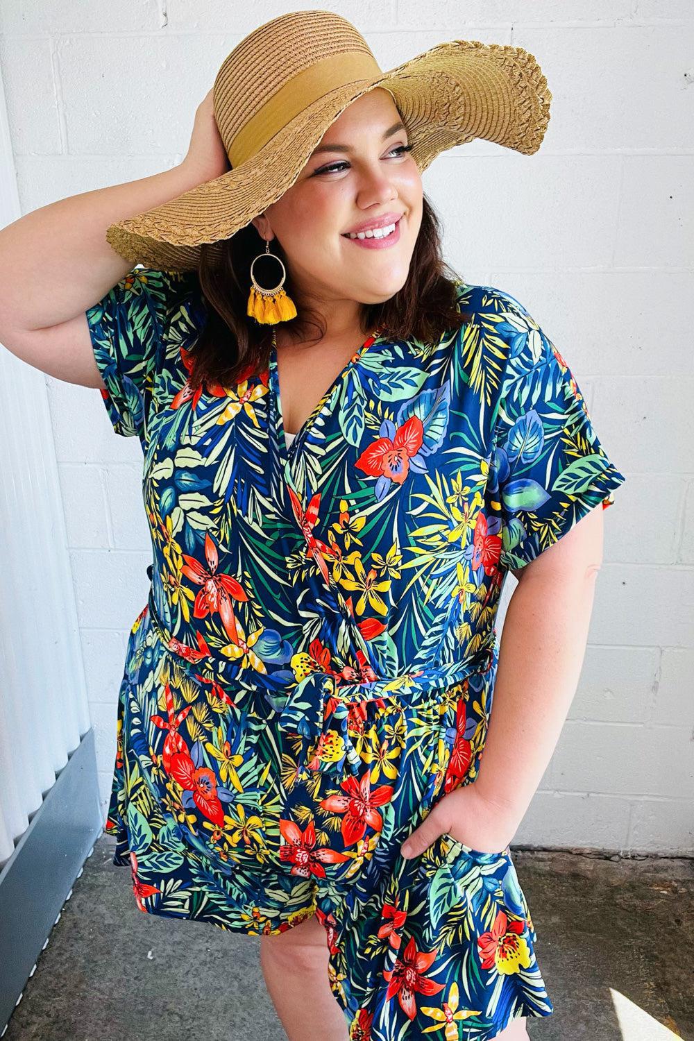 Navy Tropical Floral Surplice Romper-Evelyns Fashion