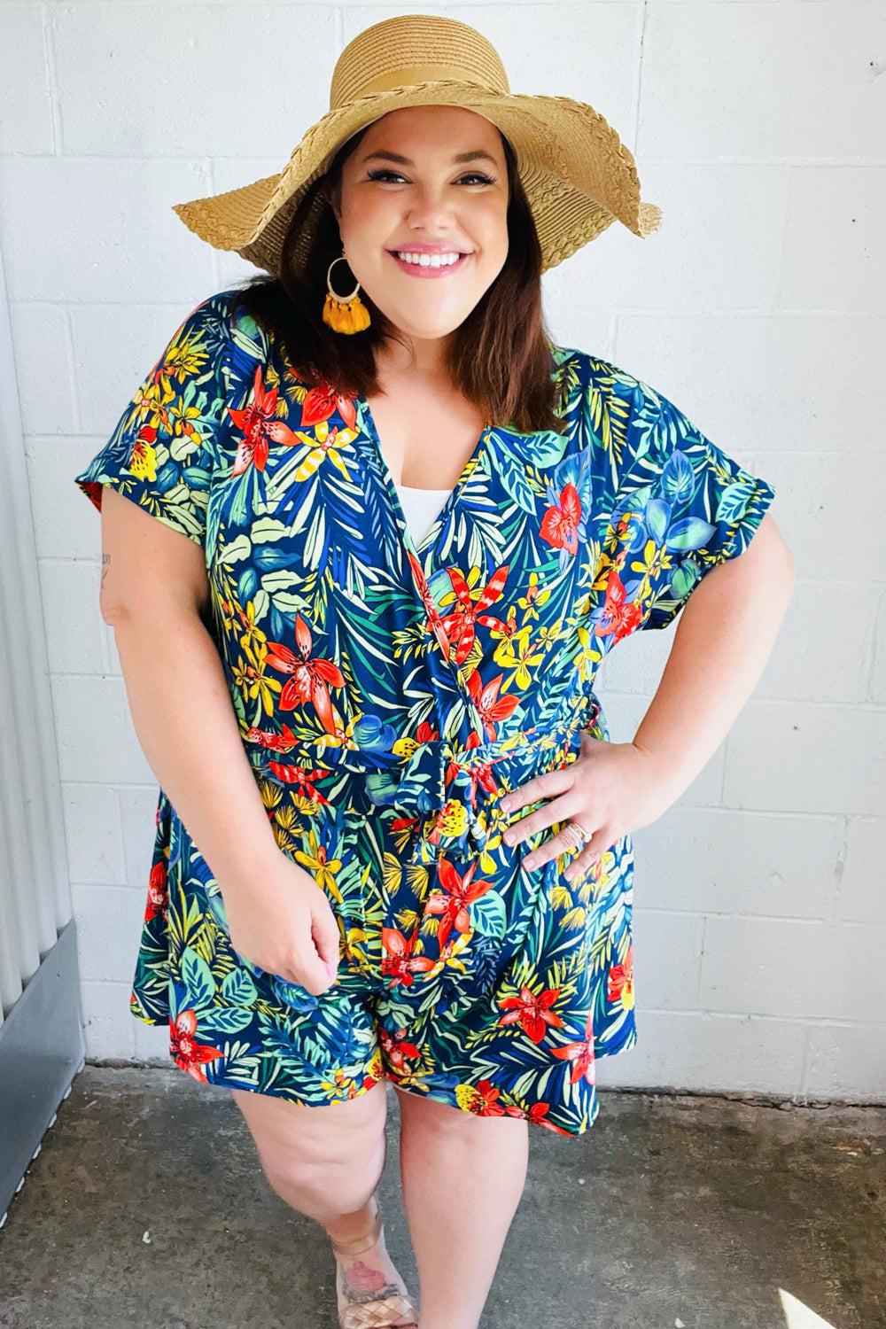 Navy Tropical Floral Surplice Romper-Evelyns Fashion