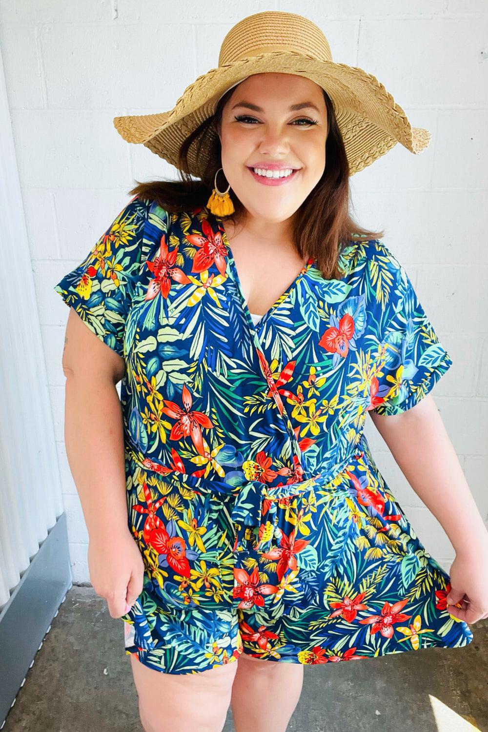 Navy Tropical Floral Surplice Romper-Evelyns Fashion