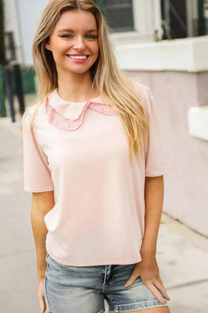 New Day Blush Flat Collar Floral French Terry Blouse-Evelyns Fashion