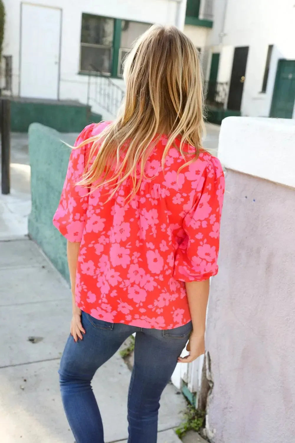New Day Red Ribbon Bow Detail Floral Woven Blouse-Evelyns Fashion
