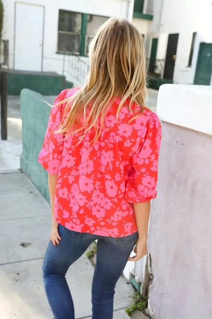 New Day Red Ribbon Bow Detail Floral Woven Blouse-Evelyns Fashion