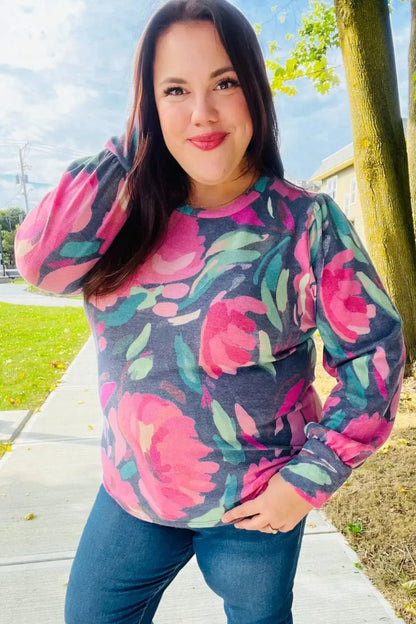 On My Heart Navy Floral Brushed Hacci Sweater Top-Evelyns Fashion