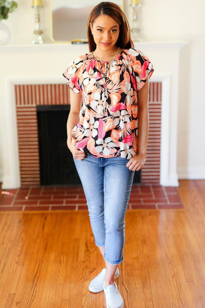 Peach Tropical Floral Tie Neck Top-Blouses-Evelyns Fashion