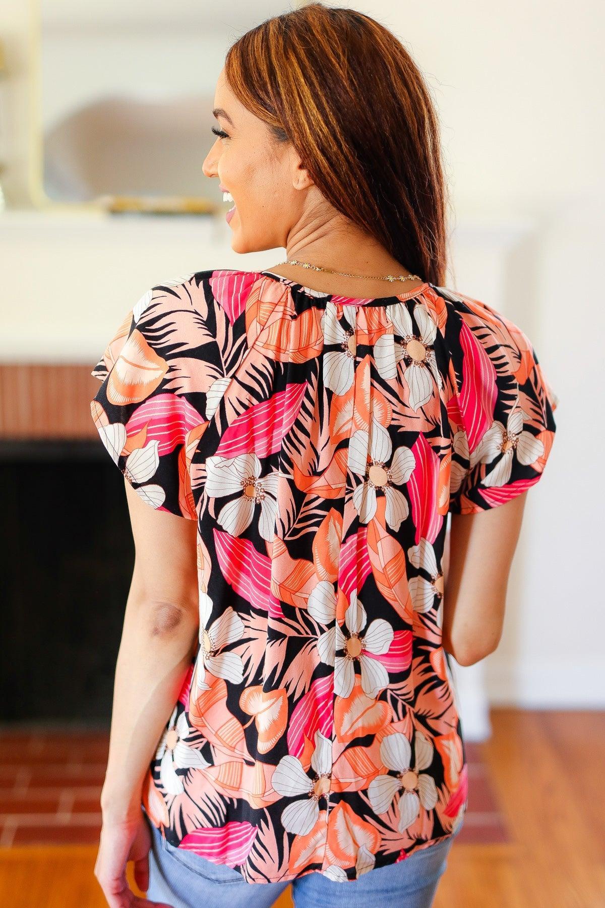 Peach Tropical Floral Tie Neck Top-Blouses-Evelyns Fashion