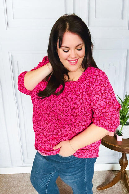 Perfectly You Fuchsia Floral Three Quarter Sleeve Square Neck Top-Evelyns Fashion
