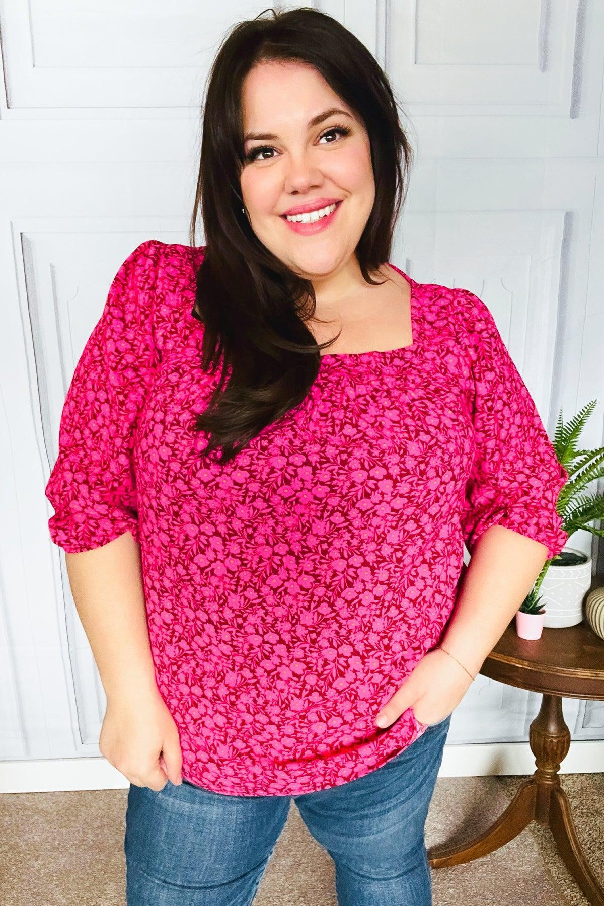 Perfectly You Fuchsia Floral Three Quarter Sleeve Square Neck Top-Evelyns Fashion