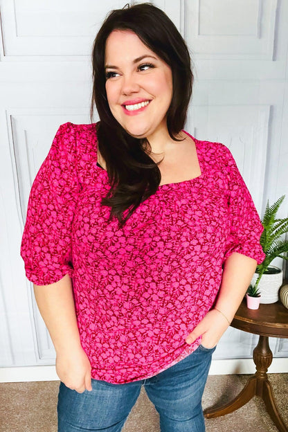 Perfectly You Fuchsia Floral Three Quarter Sleeve Square Neck Top-Evelyns Fashion