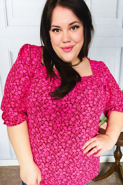 Perfectly You Fuchsia Floral Three Quarter Sleeve Square Neck Top-Evelyns Fashion