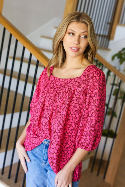 Perfectly You Fuchsia Floral Three Quarter Sleeve Square Neck Top-Evelyns Fashion