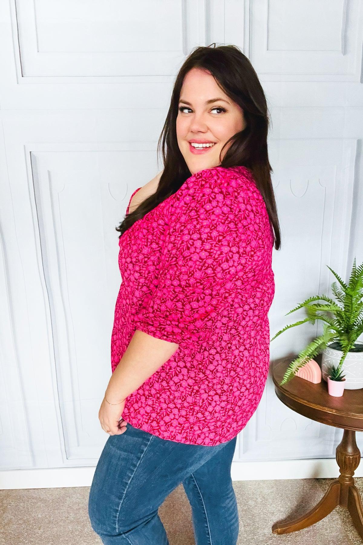 Perfectly You Fuchsia Floral Three Quarter Sleeve Square Neck Top-Evelyns Fashion