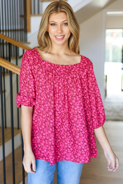 Perfectly You Fuchsia Floral Three Quarter Sleeve Square Neck Top-Evelyns Fashion