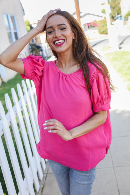 Perfectly You Solid Fuchsia Silk Shirred Cap Short Sleeve Blouse-Evelyns Fashion