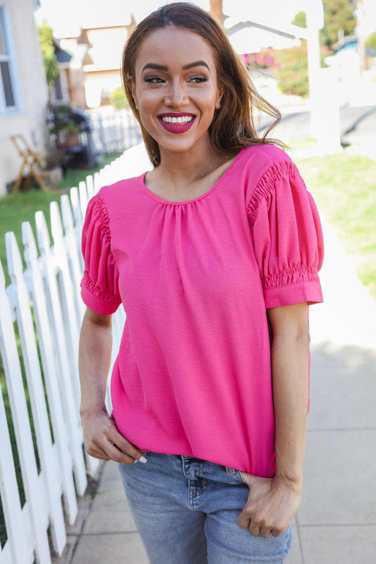 Perfectly You Solid Fuchsia Silk Shirred Cap Short Sleeve Blouse-Evelyns Fashion