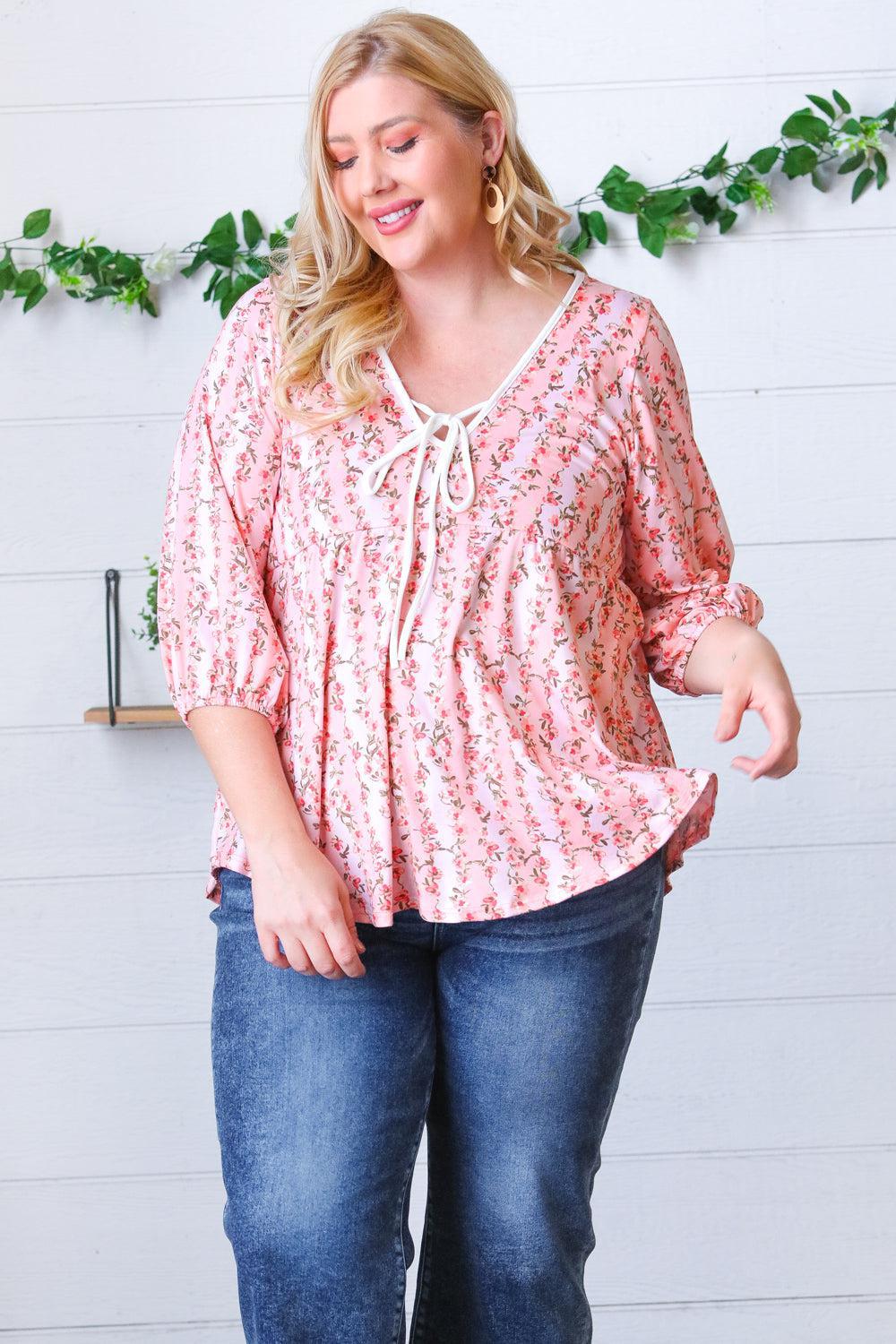 Pink Floral Stripe V Tie Neck Knit Top-Evelyns Fashion