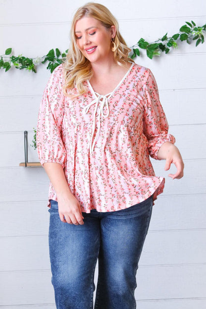 Pink Floral Stripe V Tie Neck Knit Top-Evelyns Fashion