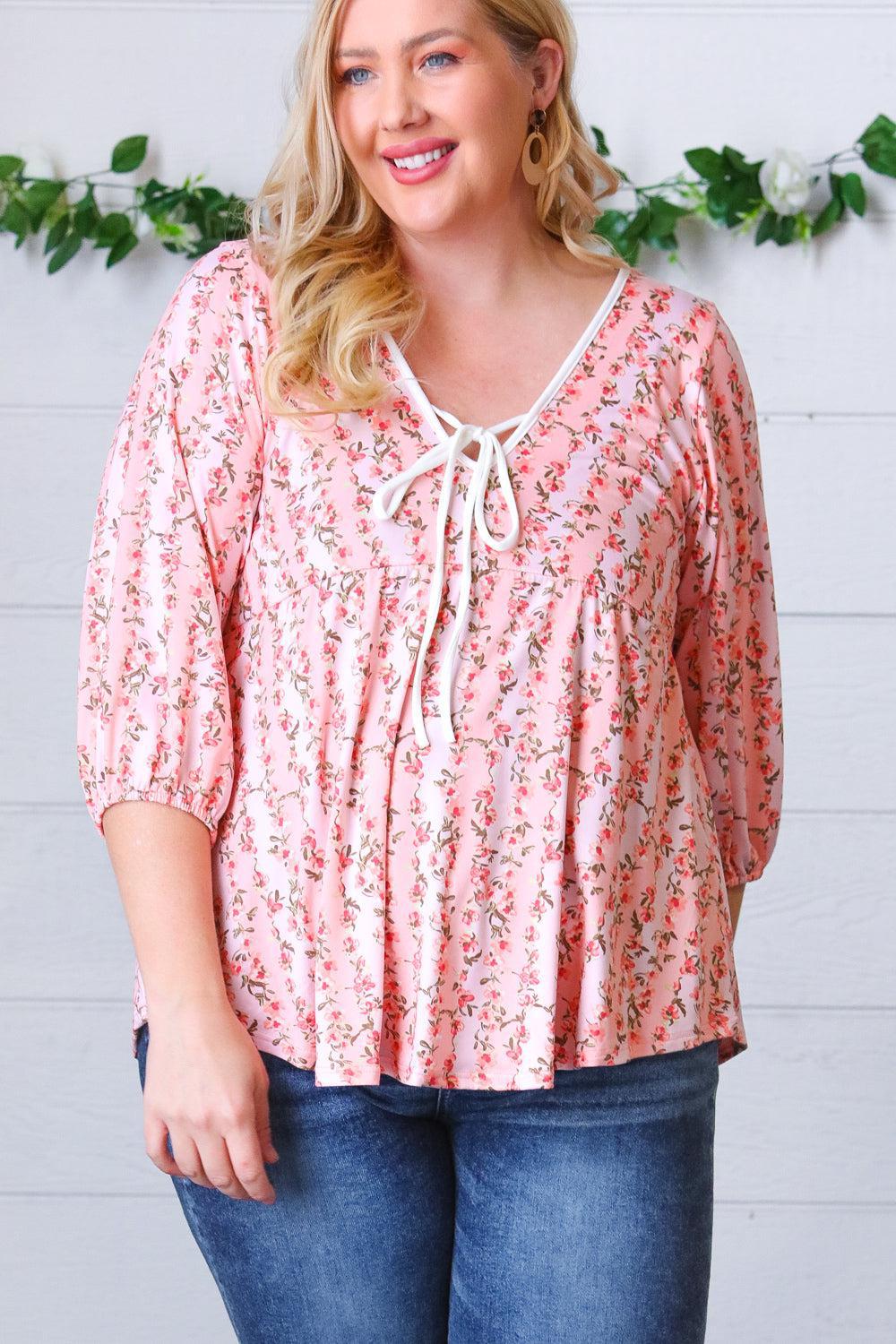 Pink Floral Stripe V Tie Neck Knit Top-Evelyns Fashion