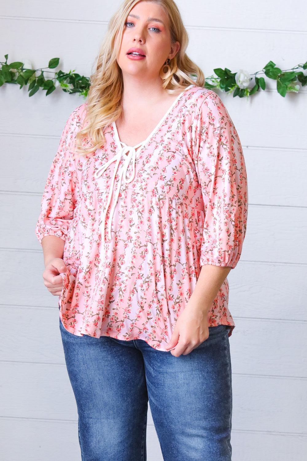 Pink Floral Stripe V Tie Neck Knit Top-Evelyns Fashion