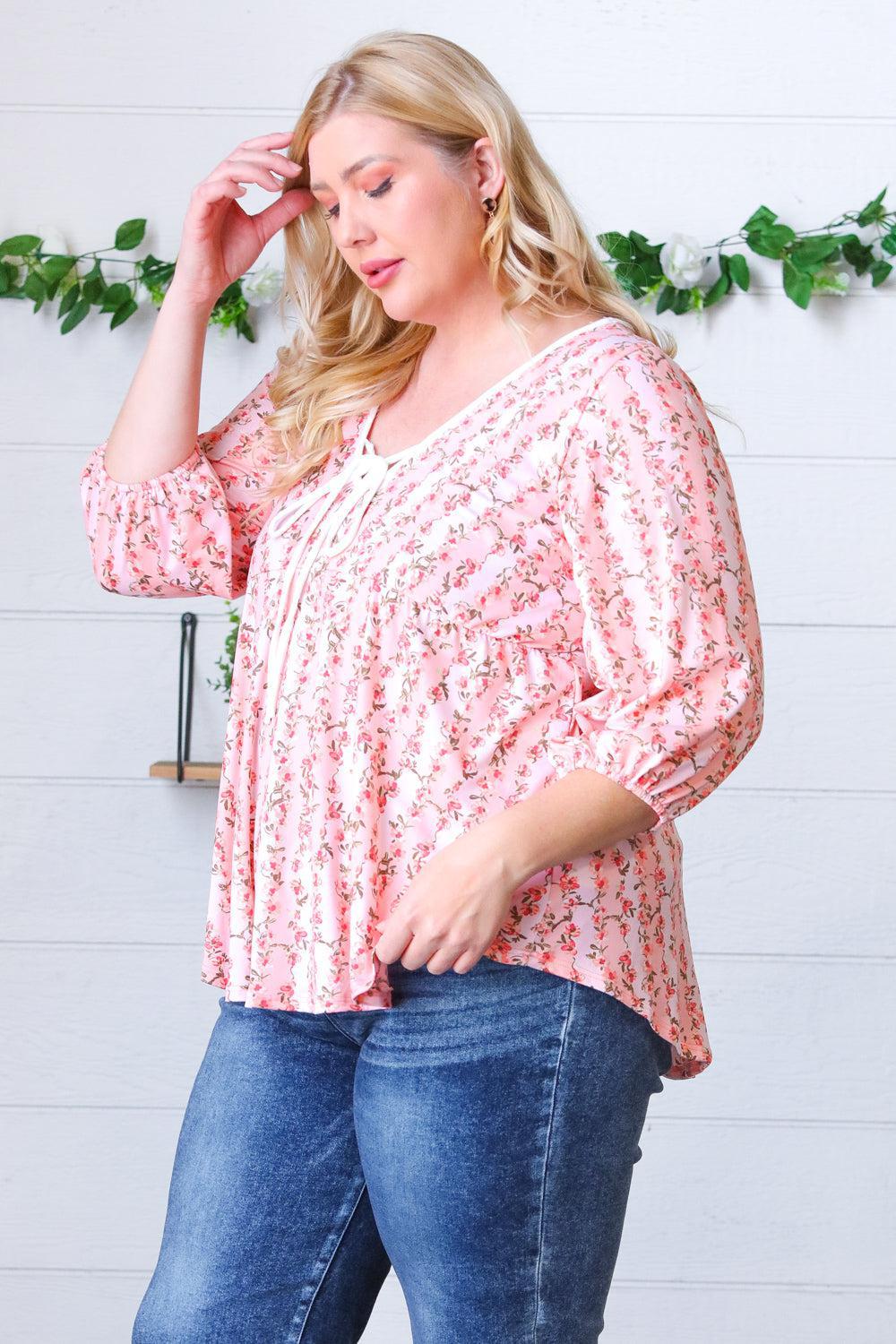 Pink Floral Stripe V Tie Neck Knit Top-Evelyns Fashion